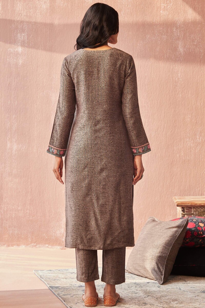 Brown Handcrafted Straight Faux Wool Kurta