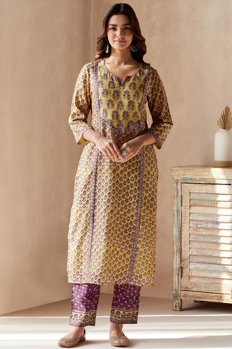 Yellow Hand Block-Printed Straight Chanderi Kurta