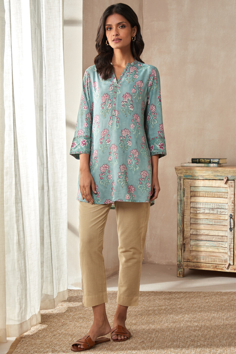 Green Hand Block-Printed Viscose Top