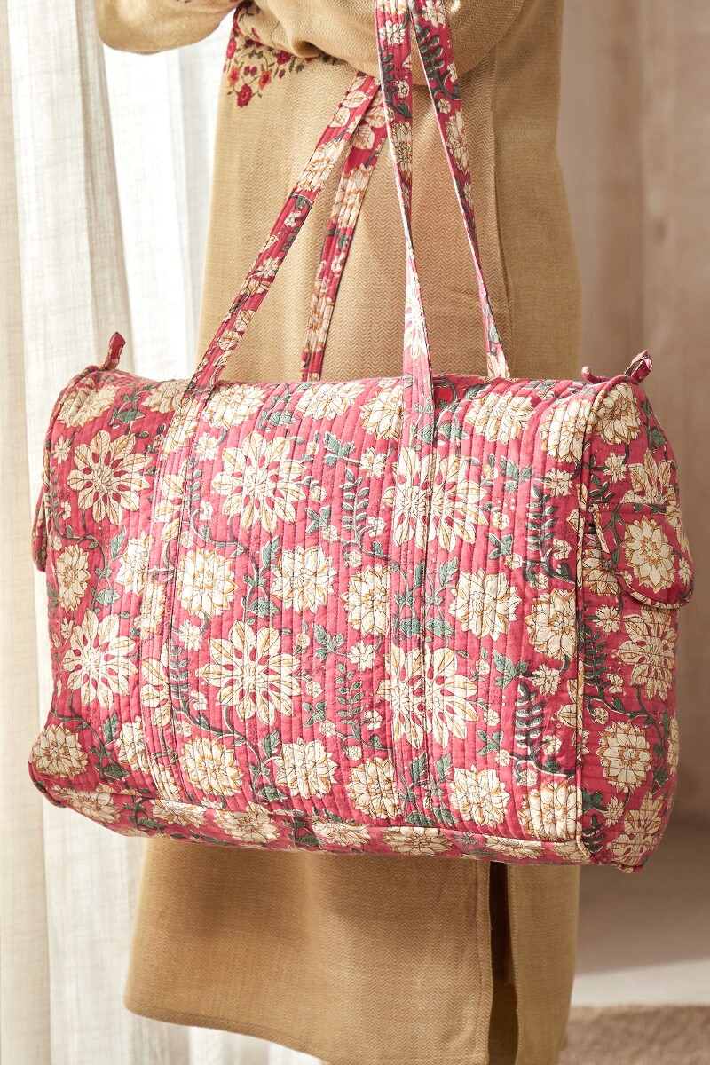 Pink Hand Block-Printed Cotton Duffel Bag