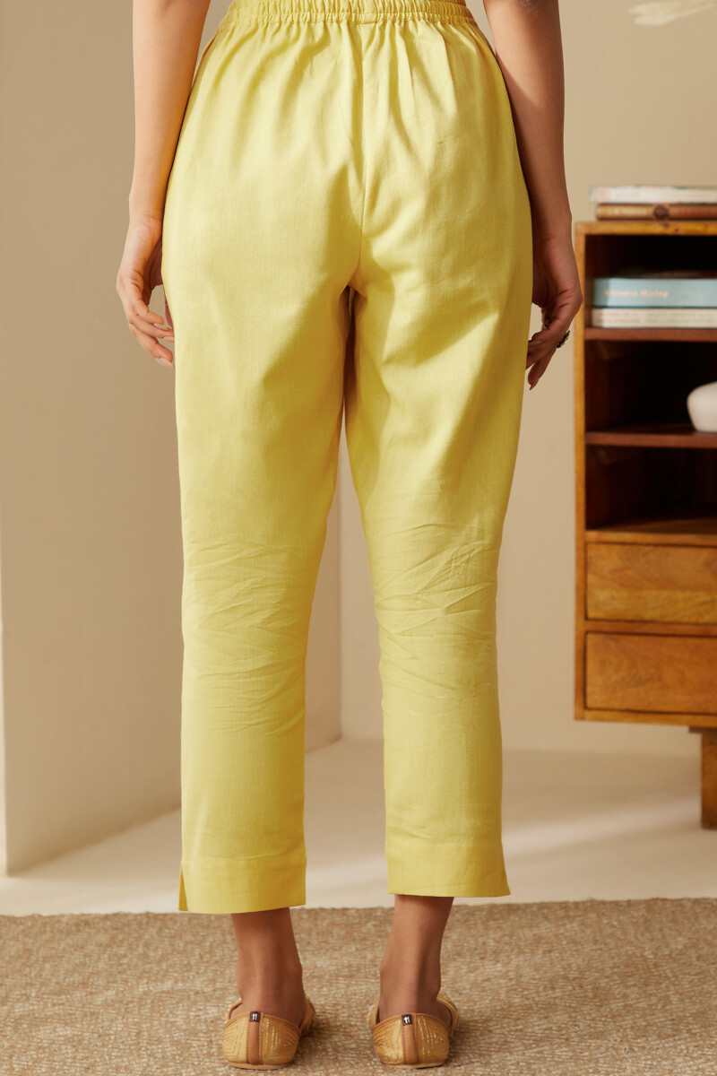 Yellow Handcrafted Cotton Flax Narrow Pants