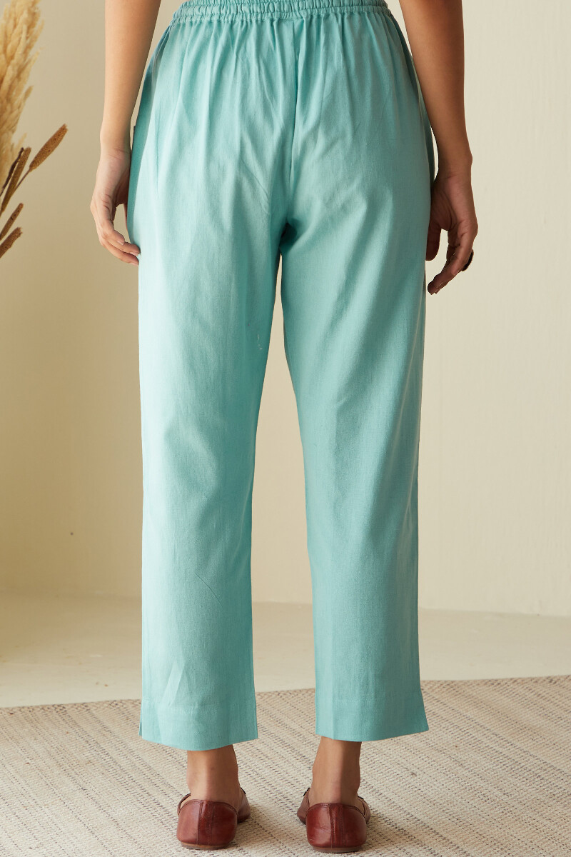 Blue Handcrafted Cotton Flax Narrow Pants