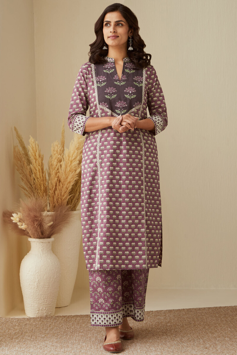 Purple Hand Printed Straight Cotton Kurta