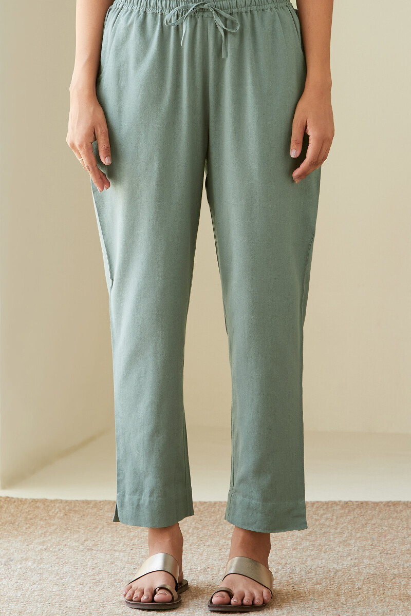 Blue Handcrafted Cotton Flax Narrow Pants