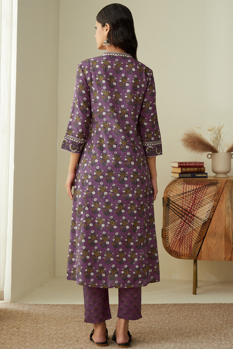 Purple Hand Printed Angrakha Cotton Dobby Kurta