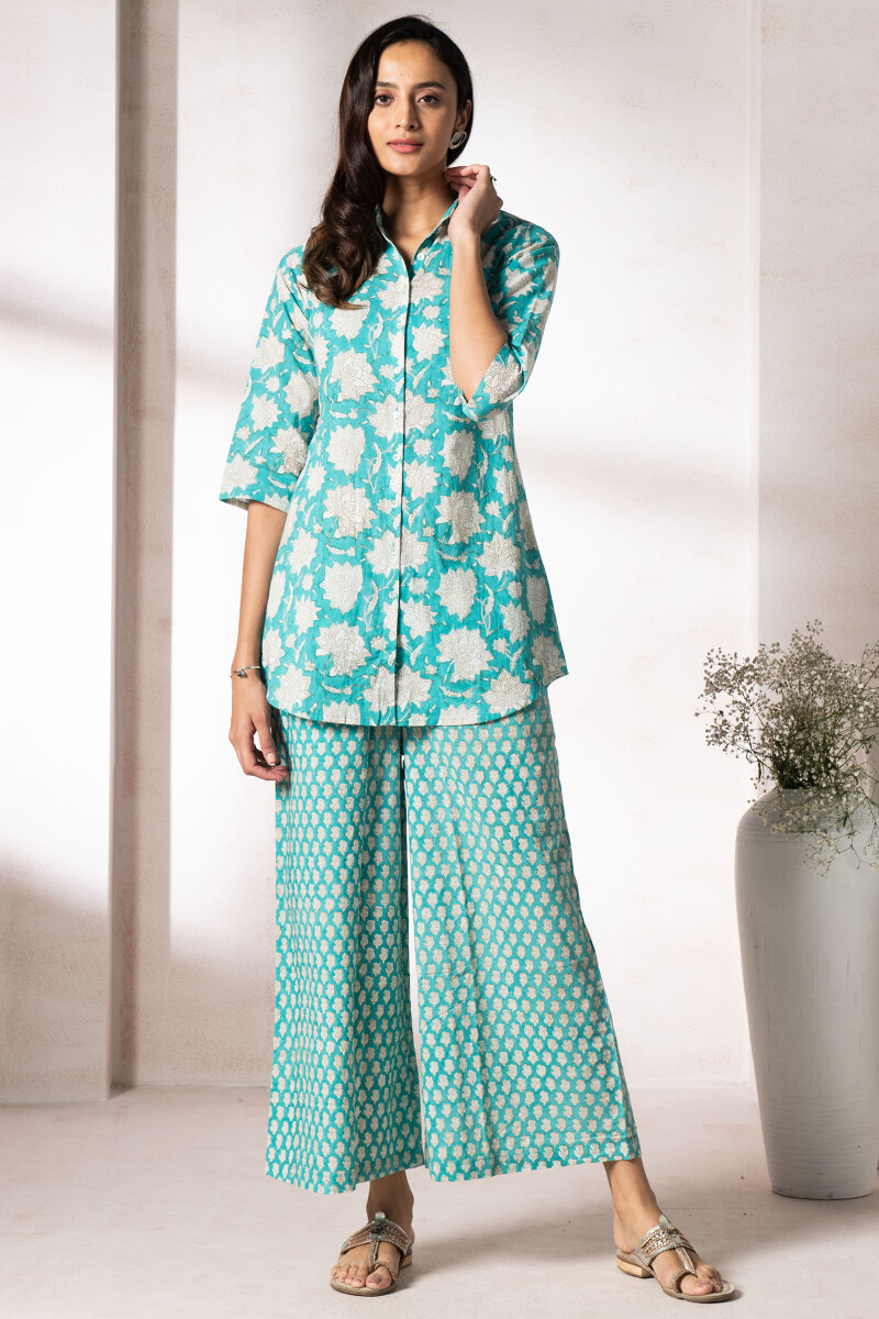 Turquoise Block Printed Cotton Pyjama Set