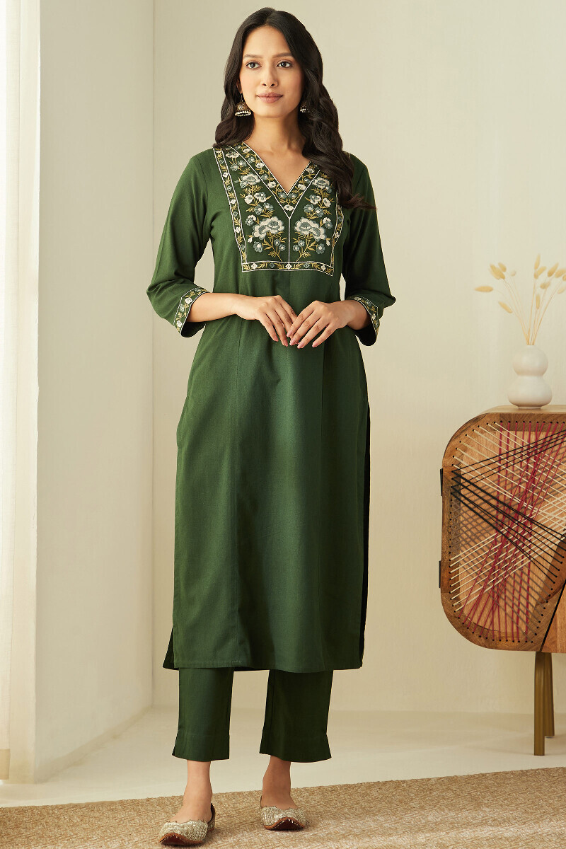 Green Handcrafted Straight Cotton Flax Kurta