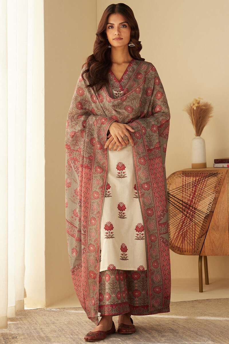 Cream Printed Straight Cotton Kurta