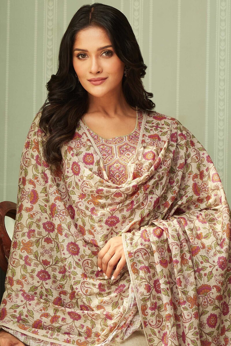 Beige Printed Kota Dupatta