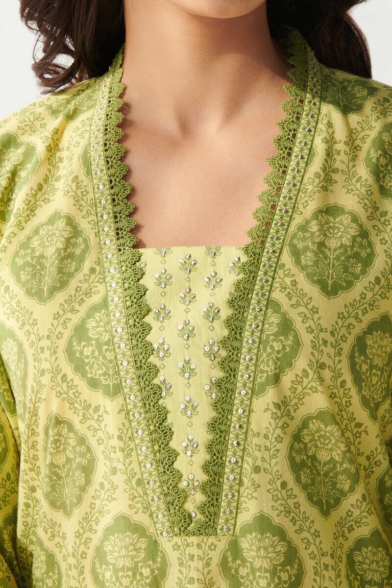 Lime Green Hand Printed Straight Cotton Kurta