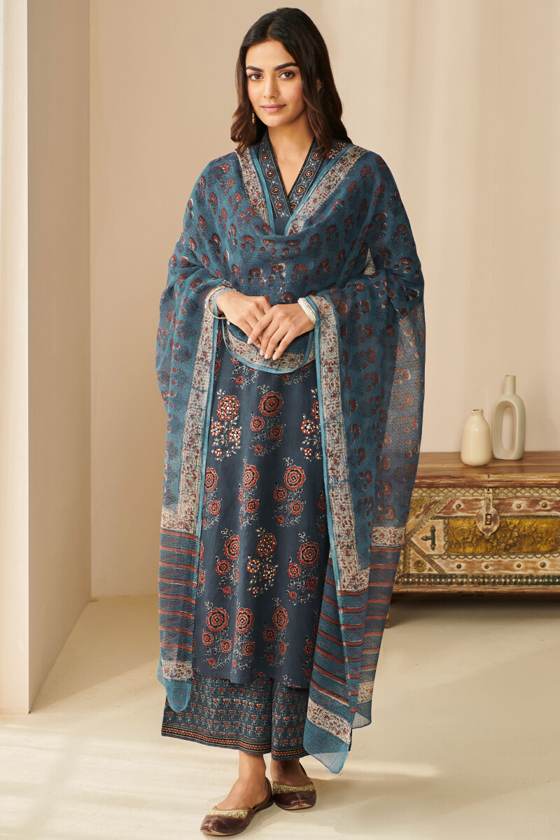 Indigo Hand Block Printed Kota Dupatta