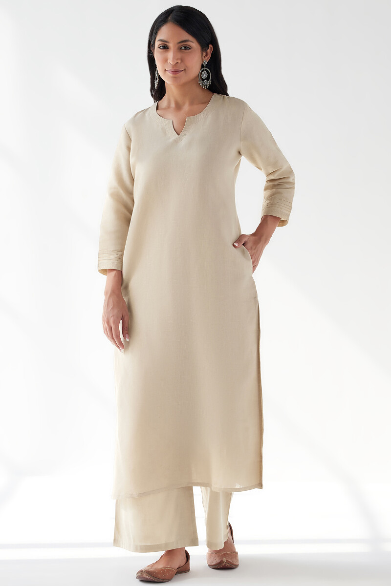 Beige Handcrafted Straight Cotton Linen Kurta