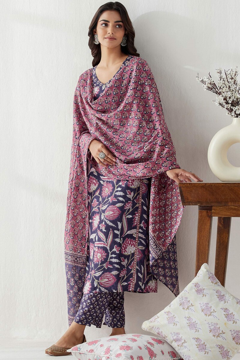 Purple Hand Block Printed Straight Modal Kurta