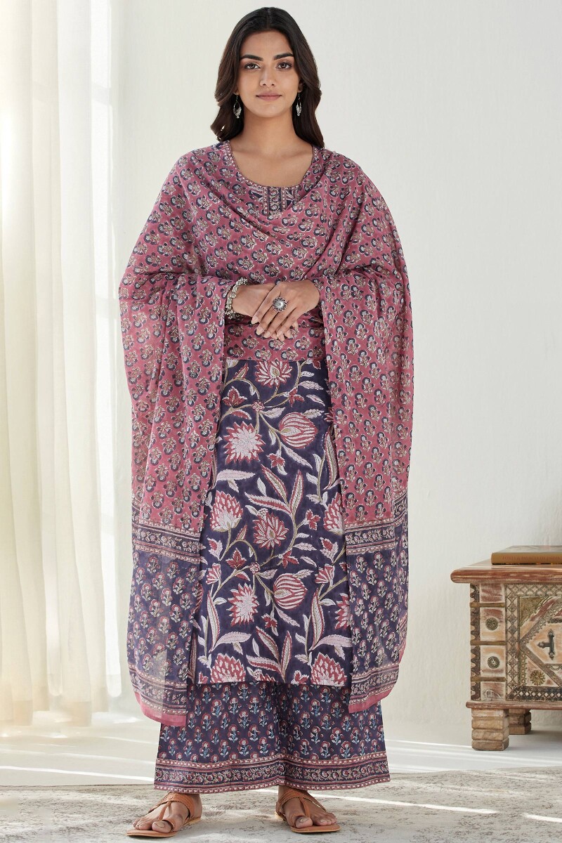 Purple Hand Block Printed Straight Cotton Mul Kurta