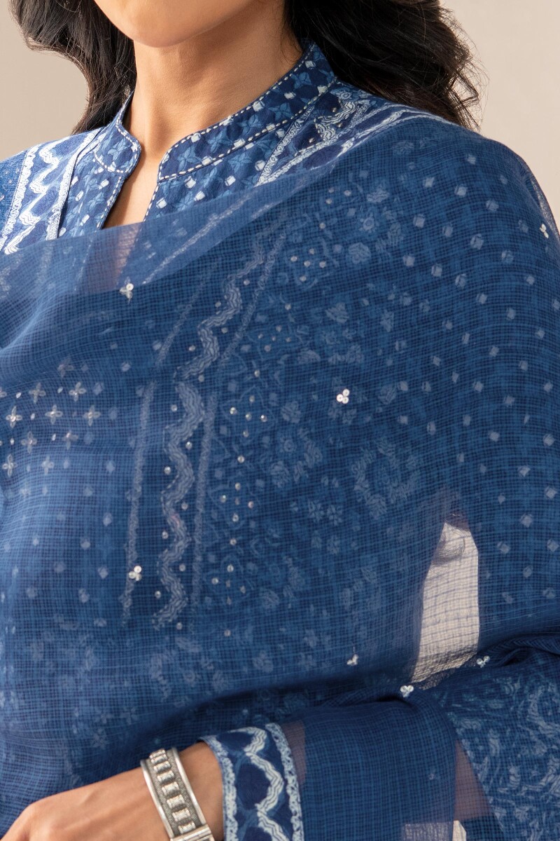 Indigo Hand Block Printed Kota Dupatta