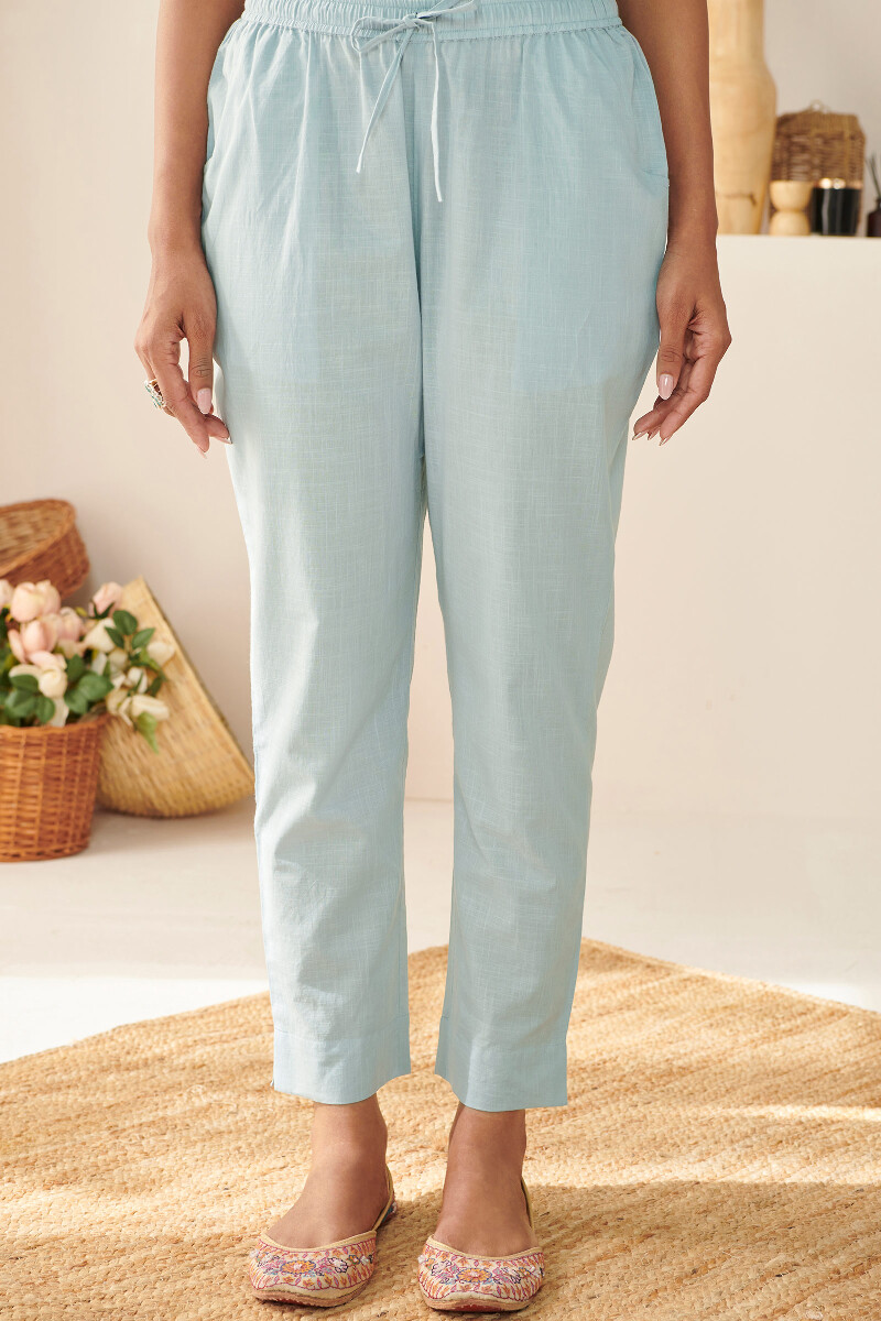 Blue Handcrafted Cotton Narrow Pants