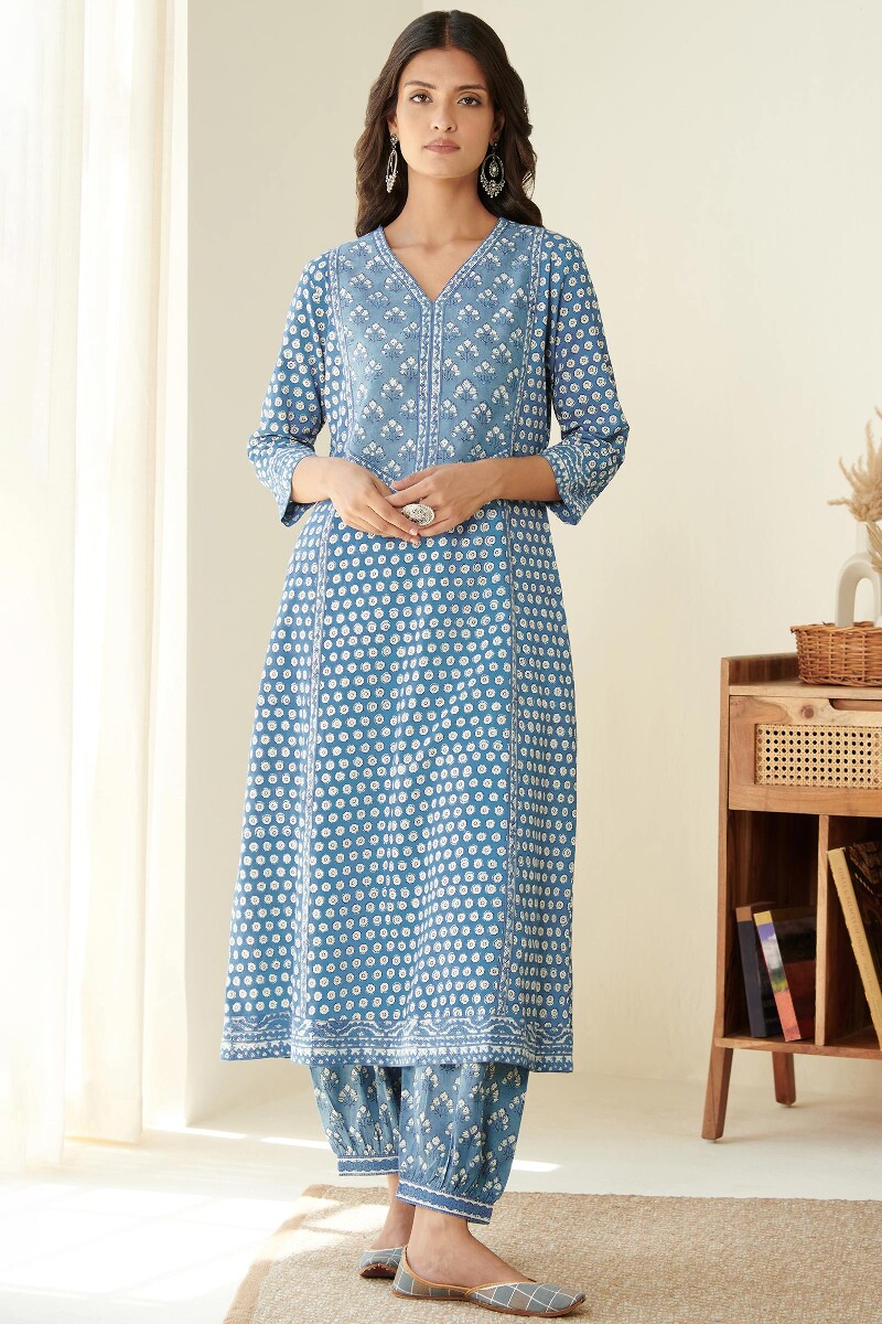 Indigo Hand Block Printed A-Line Cotton Kurta