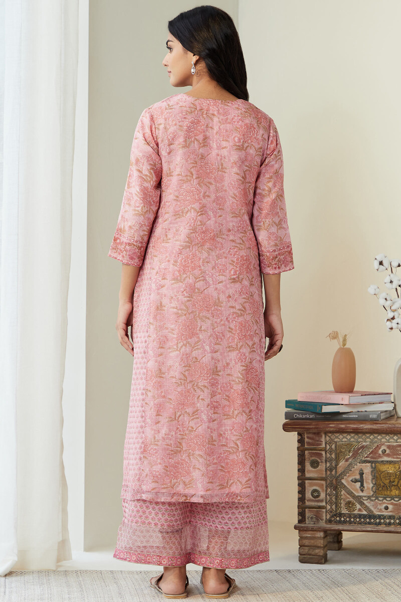 Pink Hand Block-Printed Straight Kota Kurta