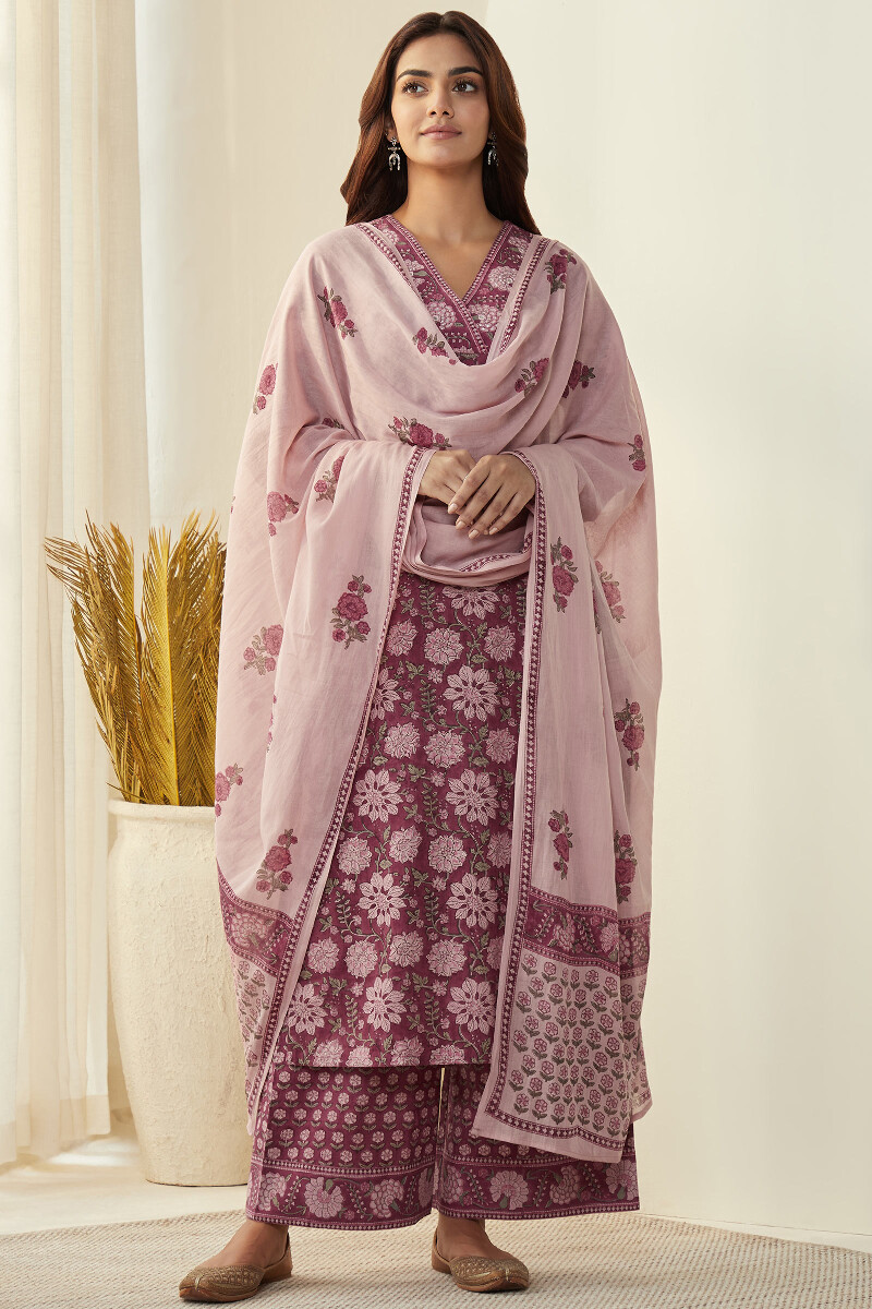 Purple Hand Block-Printed Straight Cotton Kurta