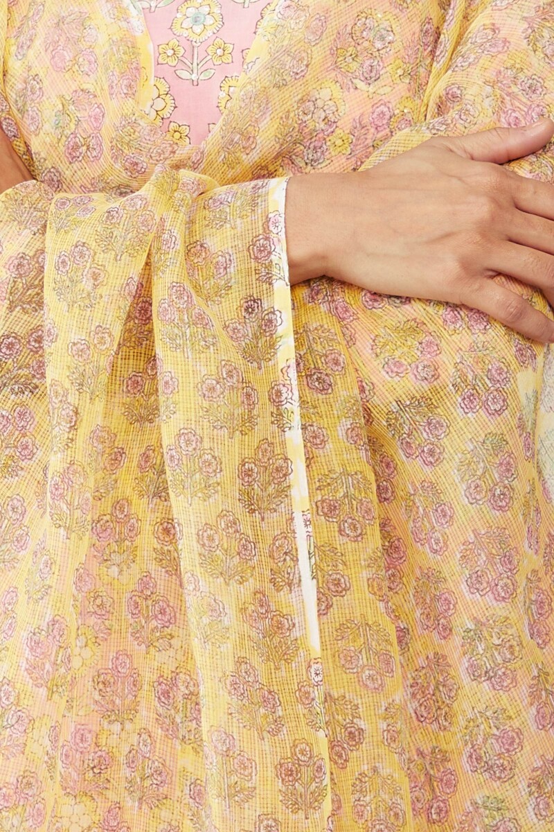 Yellow Hand Block-Printed Kota Dupatta