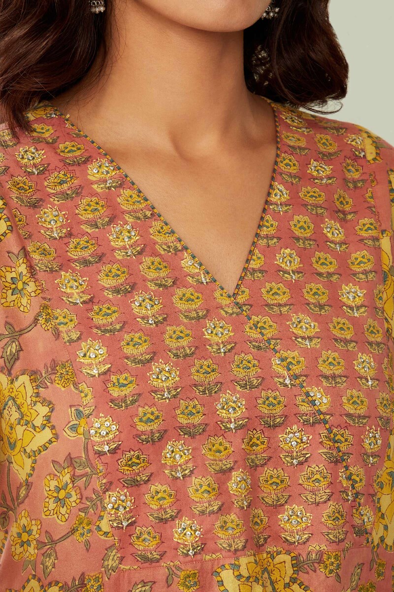 Peach Hand Block-Printed Straight Cotton Kurta