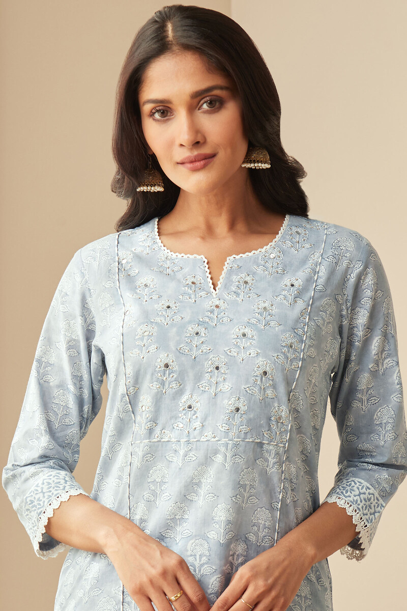 Blue Hand Block-Printed Straight Cotton Kurta