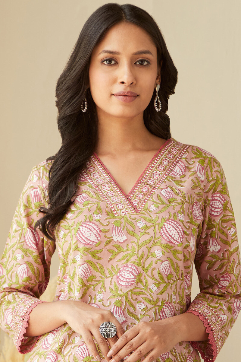 Pink Hand Block-Printed Straight Cotton Kurta