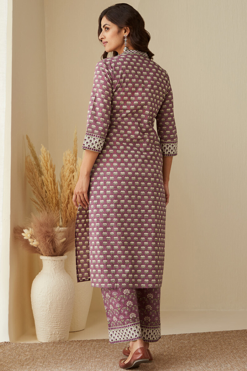 Purple Hand Printed Straight Cotton Kurta