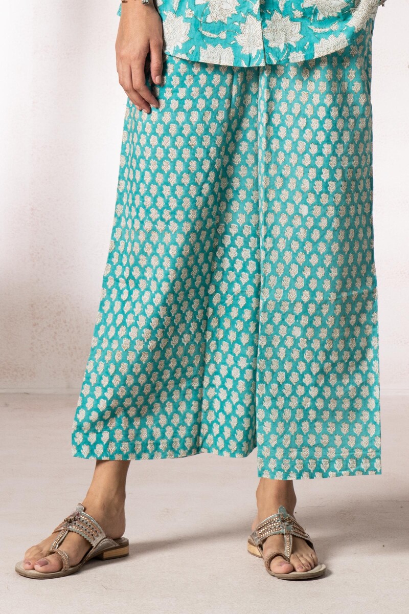 Turquoise Block Printed Cotton Pyjama Set