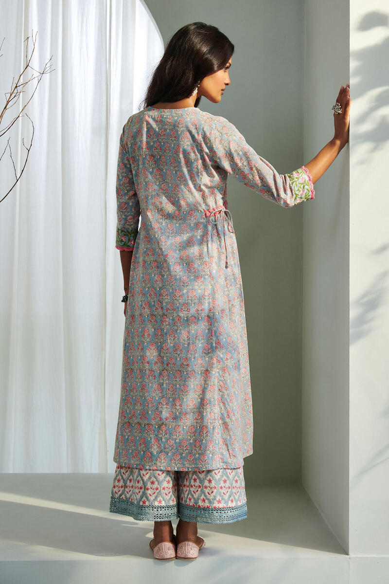 Grey Block Printed A-Line Cotton Kurta