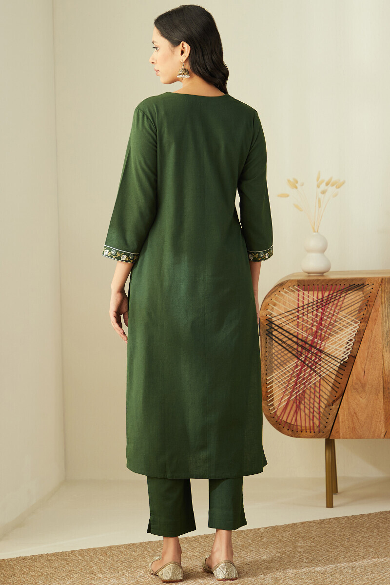 Green Handcrafted Straight Cotton Flax Kurta