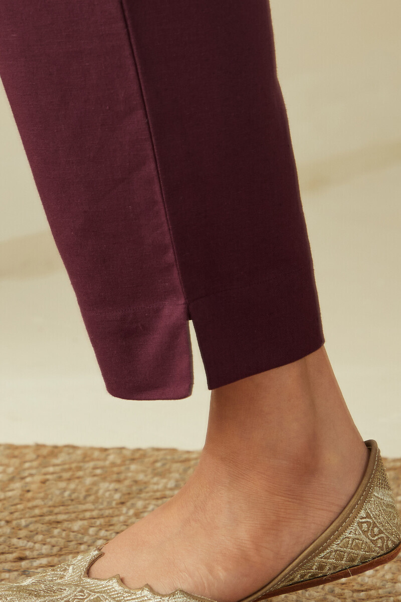 Purple Handcrafted Cotton Flax Narrow Pants