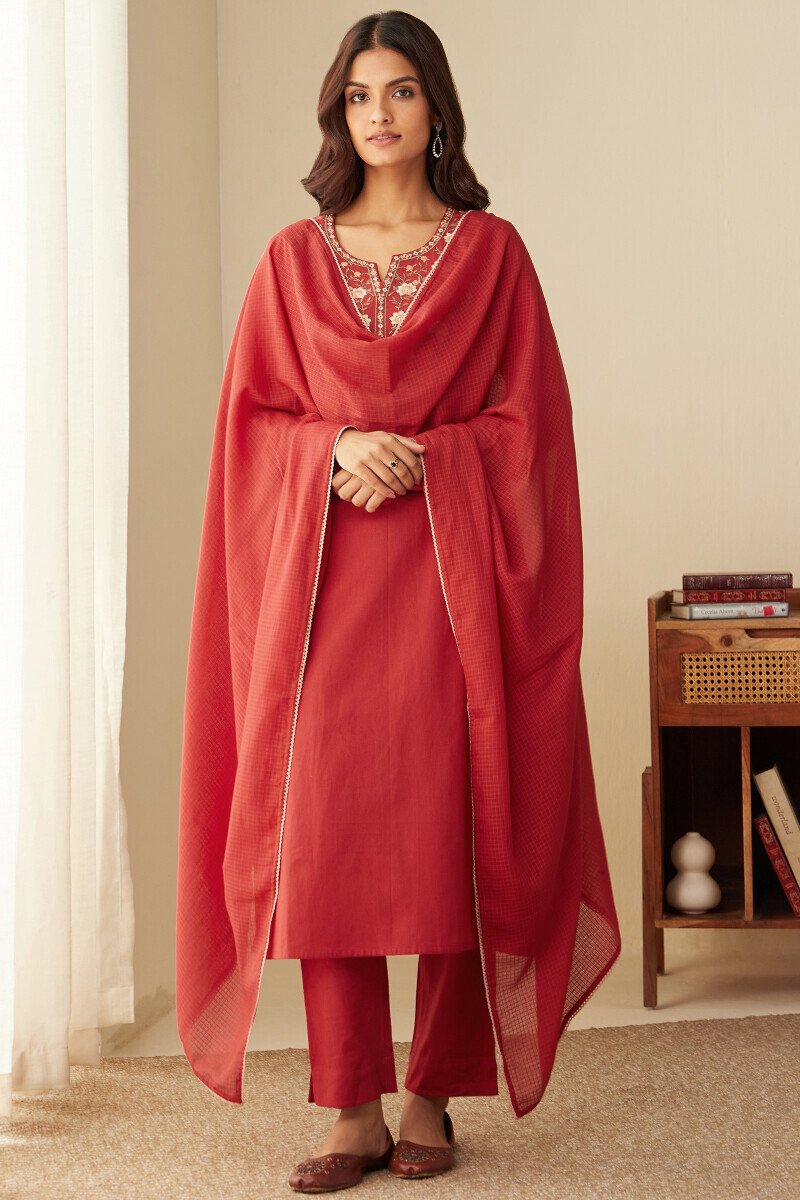 Red Handcrafted Straight Cotton Flax Kurta