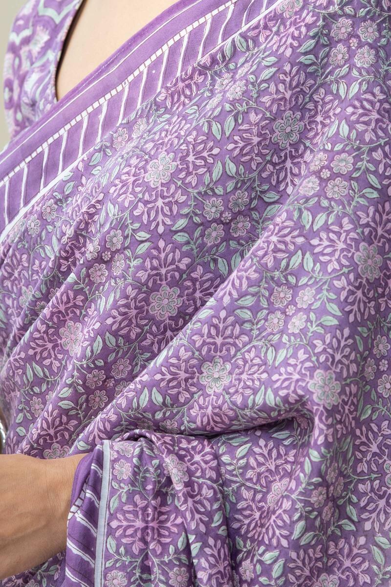 Purple Hand Block Printed Cotton Silk Saree