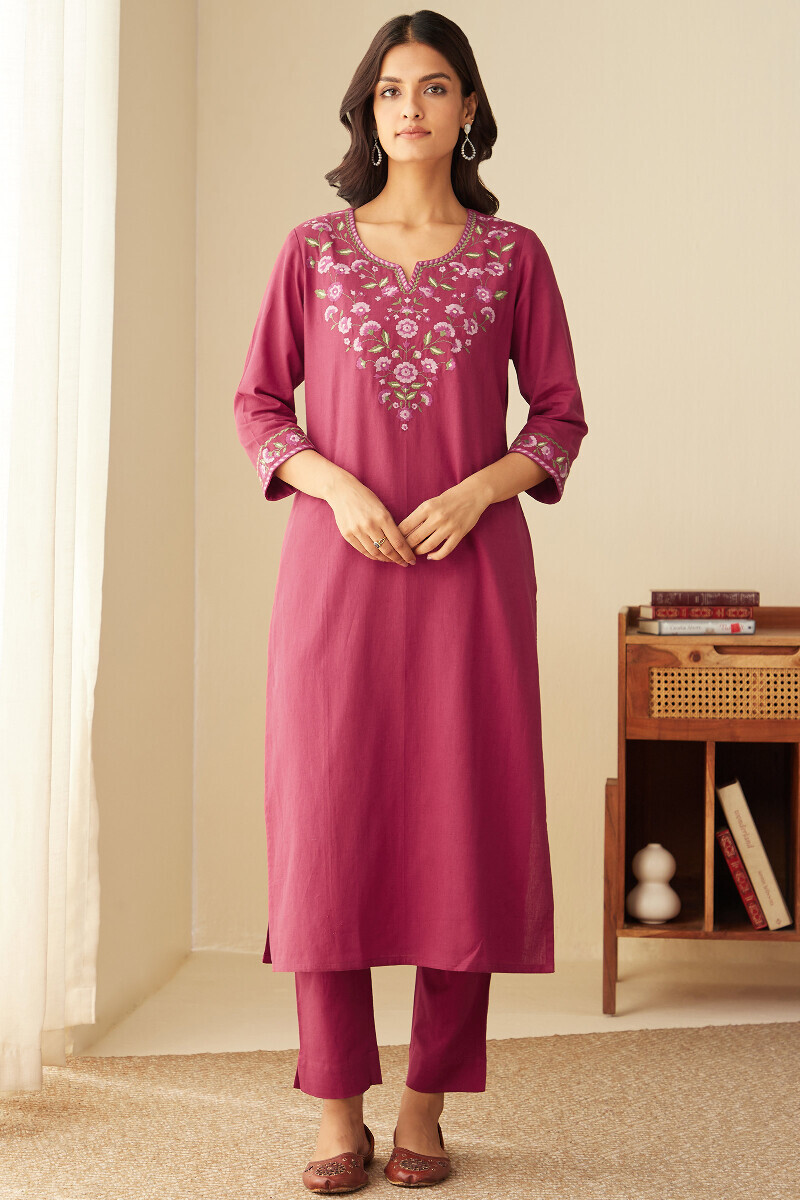 Pink Handcrafted Straight Cotton Flax Kurta