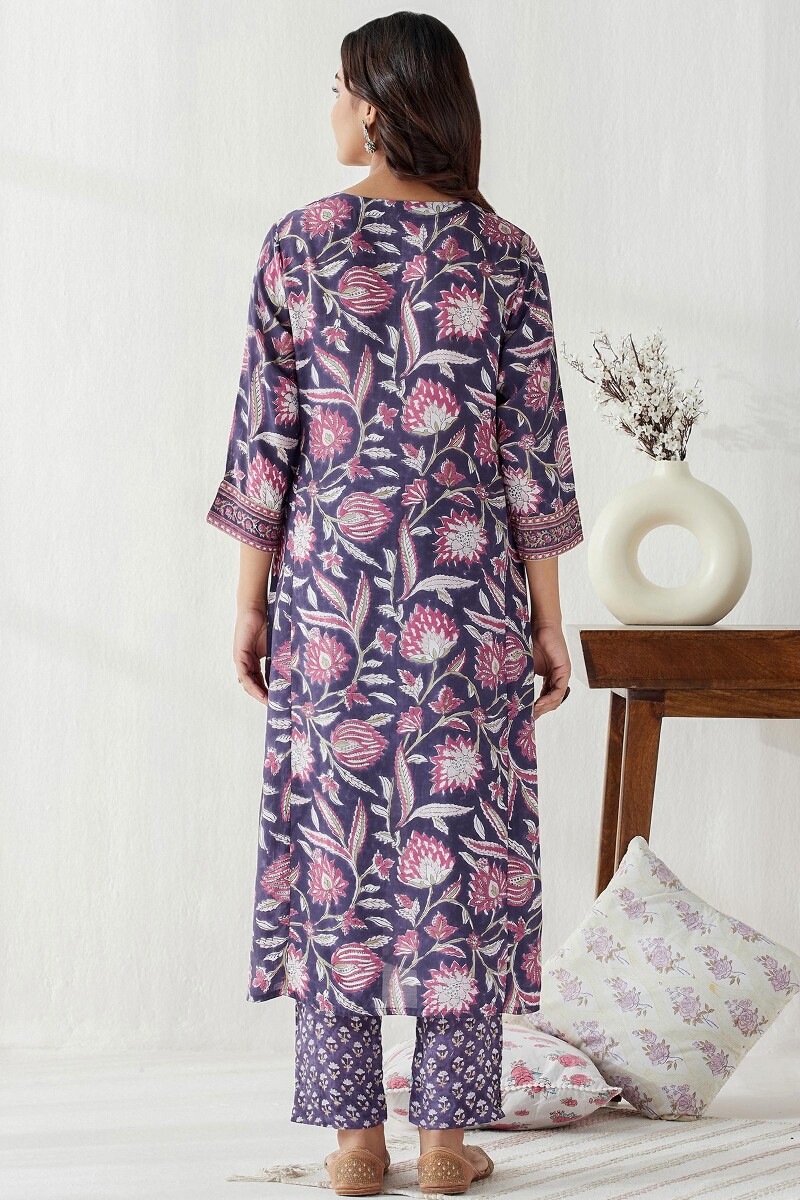 Purple Hand Block Printed Straight Modal Kurta