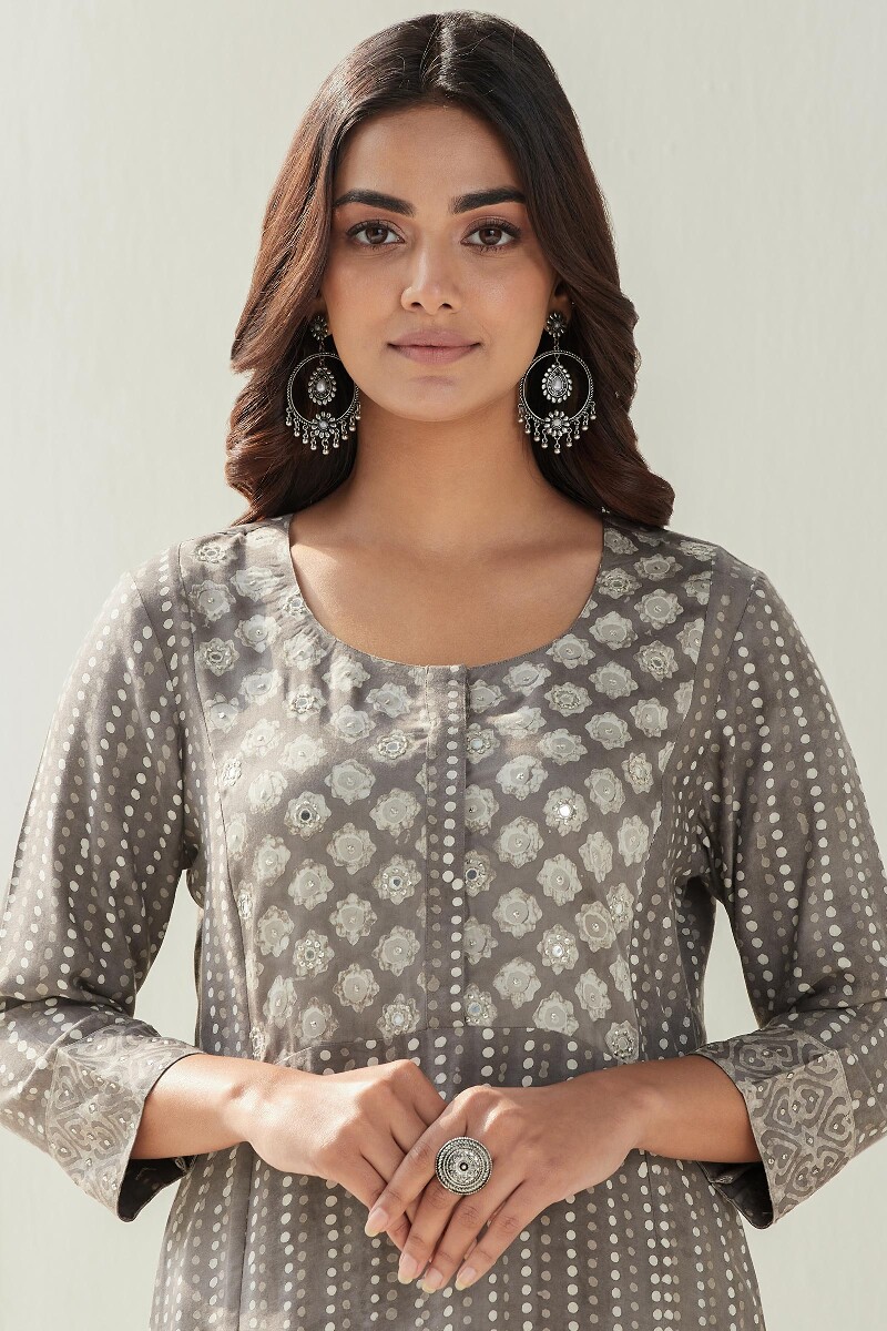 Grey Hand Block Printed Straight Modal Kurta