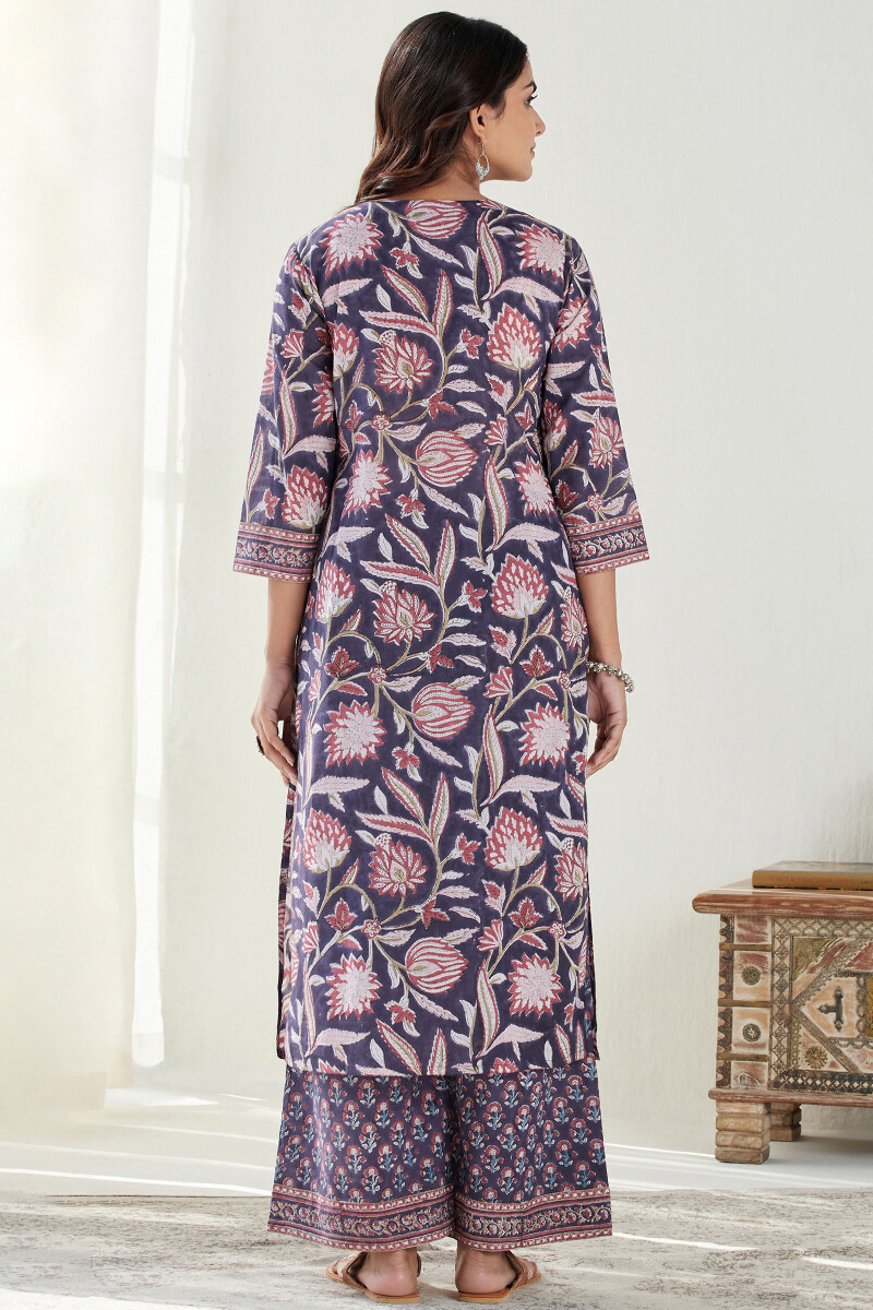 Purple Hand Block Printed Straight Cotton Mul Kurta