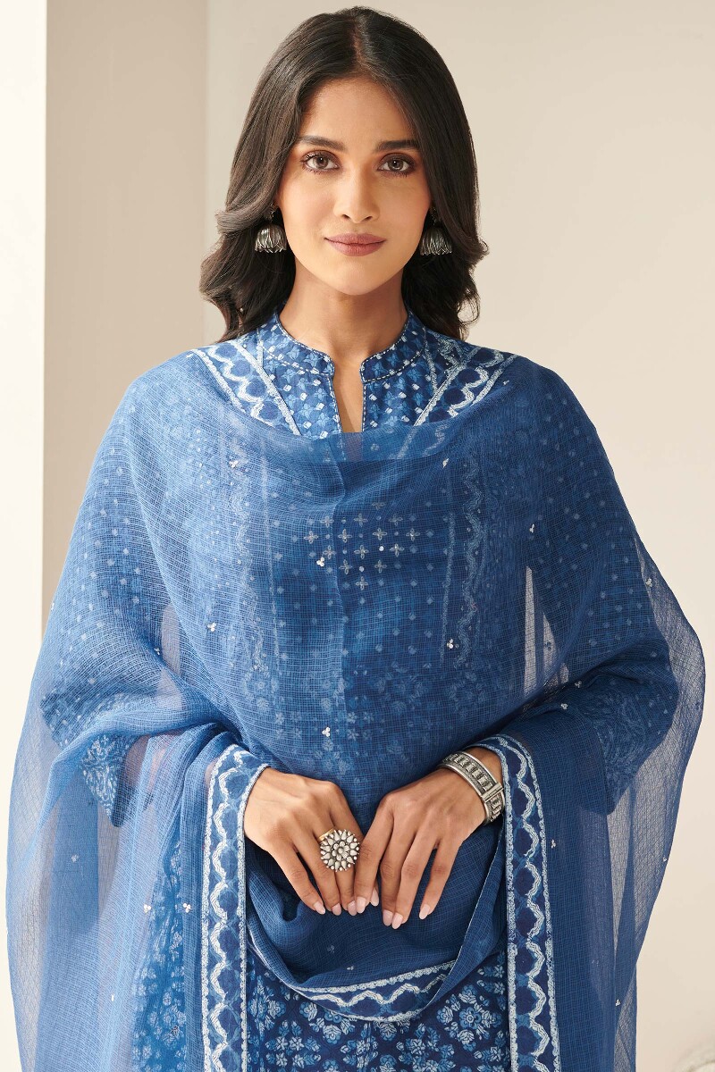 Indigo Hand Block Printed Kota Dupatta