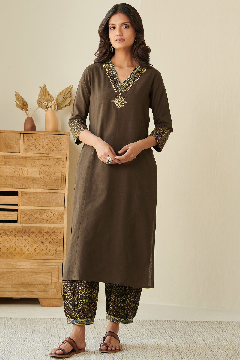 Brown Handcrafted Straight Handloom Kurta