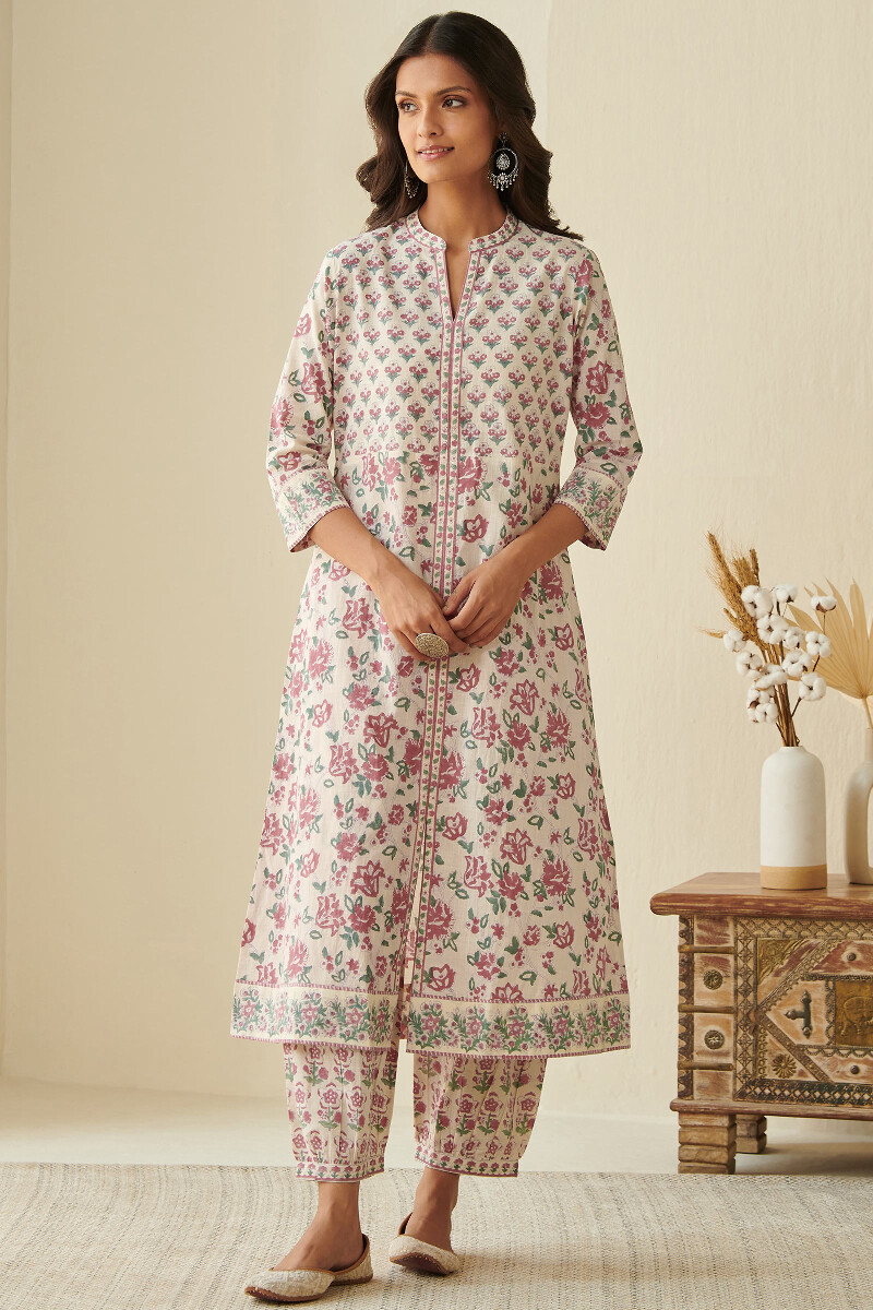 Off-White Hand Block Printed A-Line Cotton Kurta