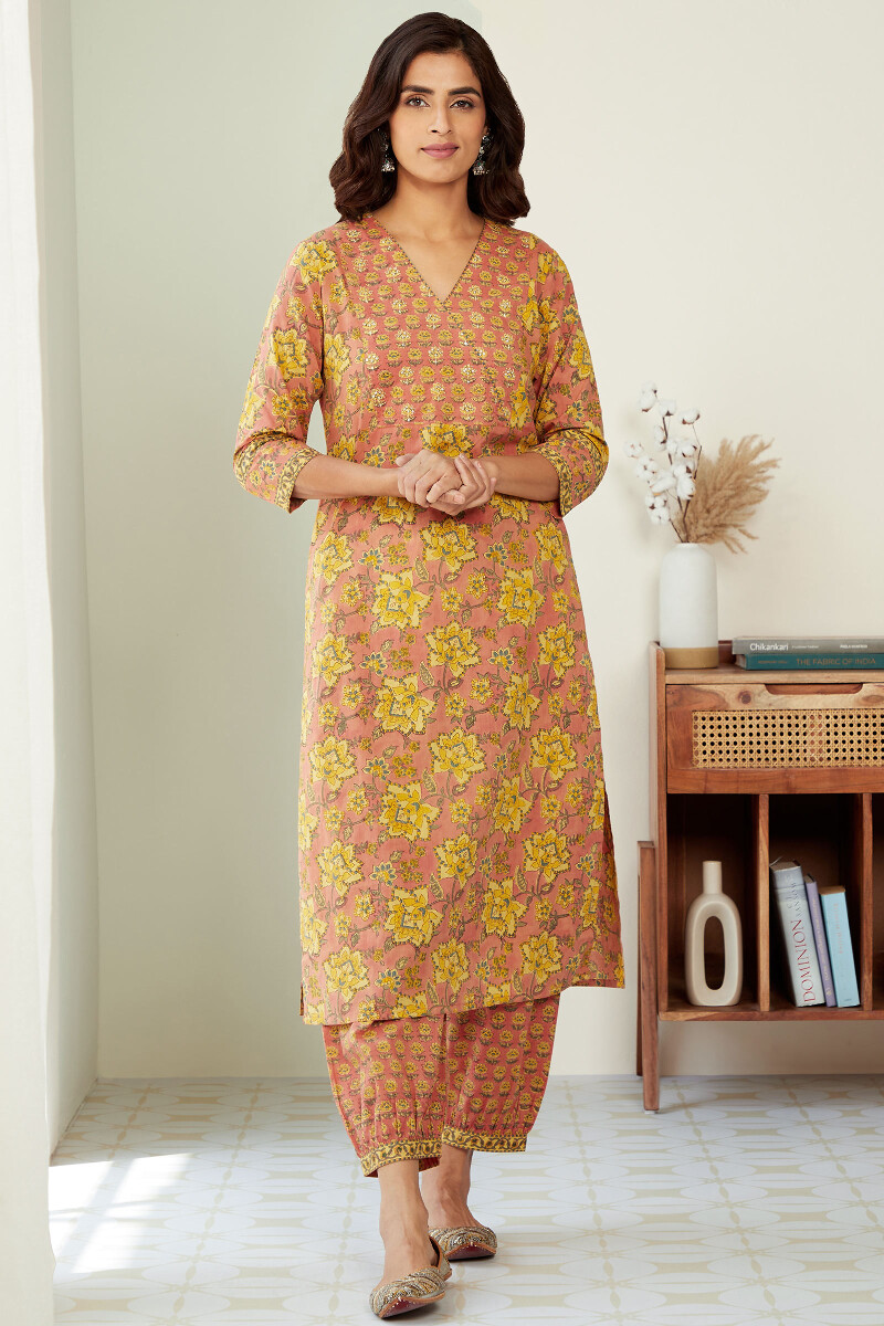 Peach Hand Block-Printed Straight Cotton Kurta