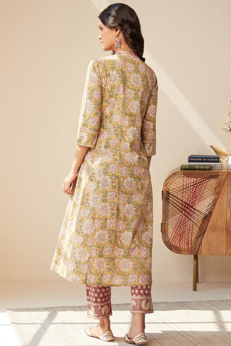 Yellow Hand Block-Printed Angrakha Cotton Kurta