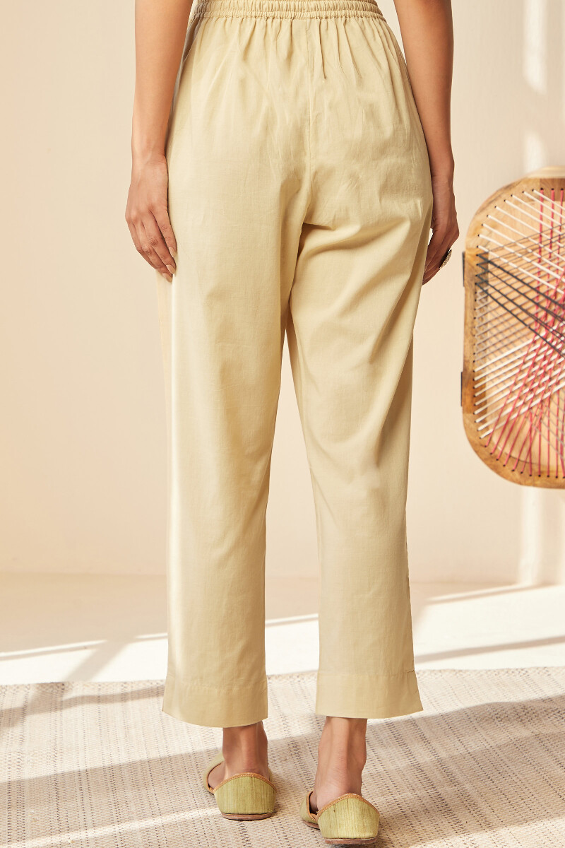 Beige Handcrafted Cotton Narrow Pants