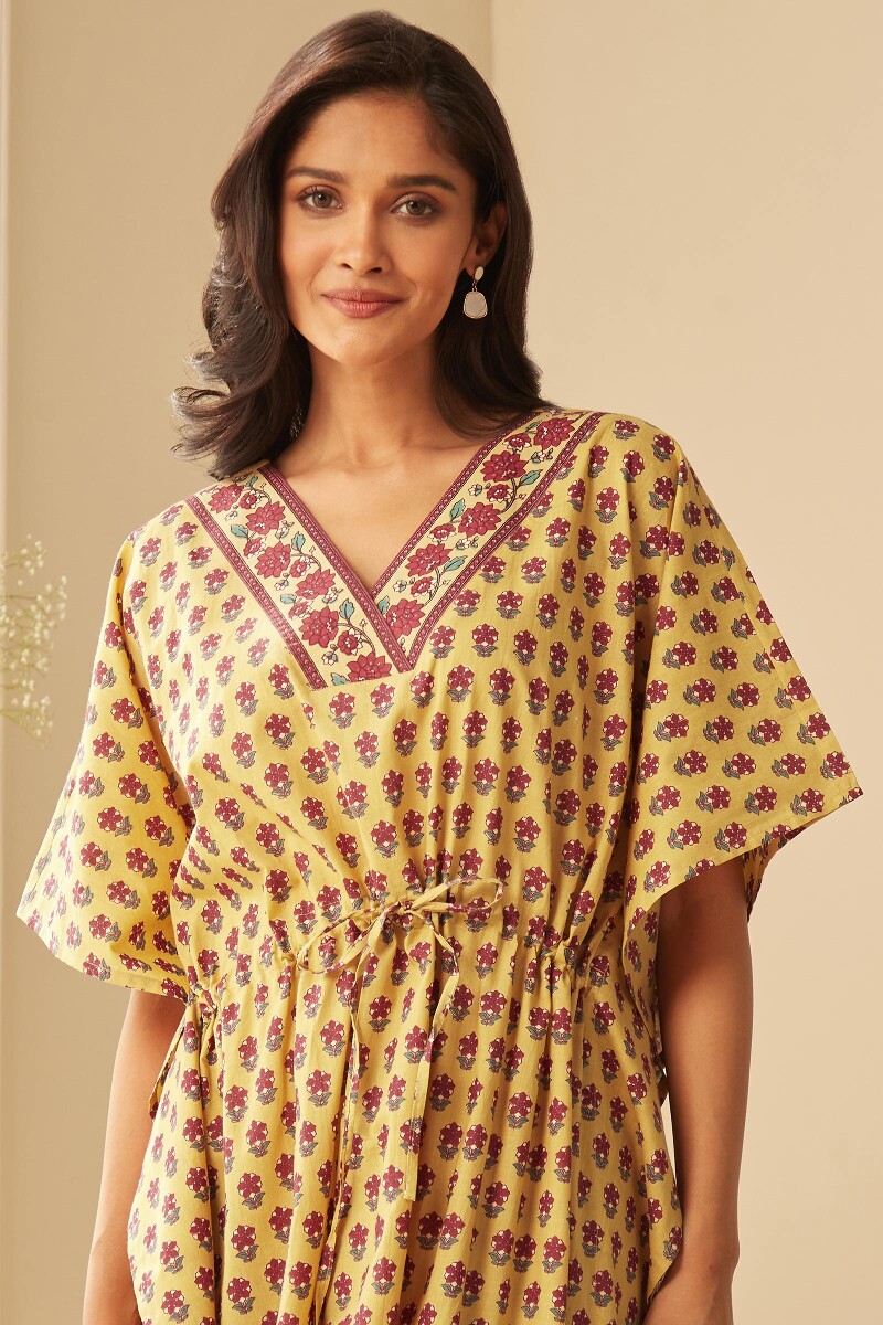 Yellow Hand Printed Cotton Kaftan