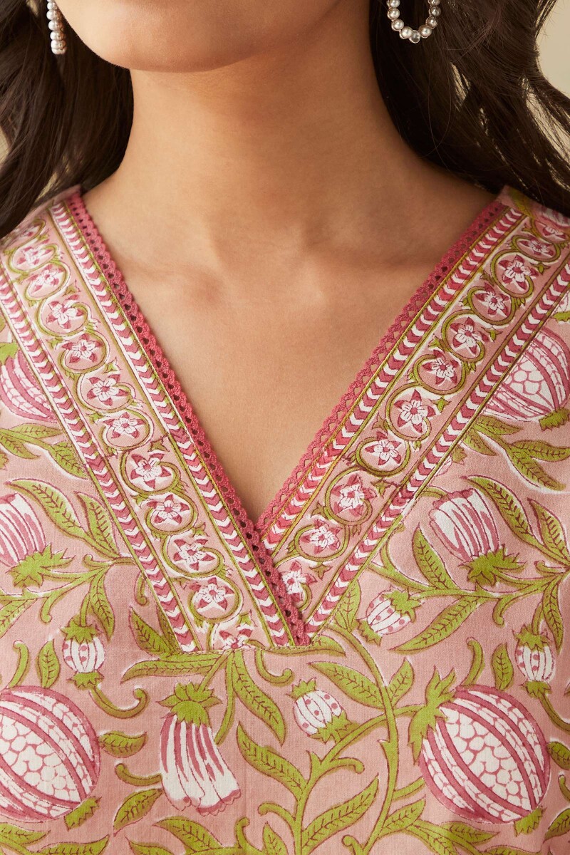 Pink Hand Block-Printed Straight Cotton Kurta