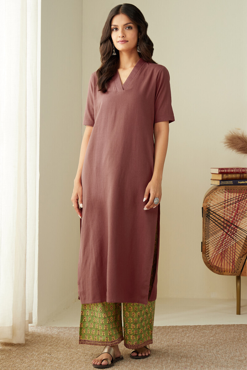 Brick Red Handcrafted Straight Cotton Flax Kurta