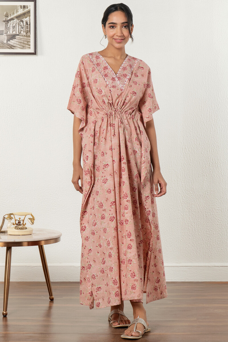 Peach Block Printed Cotton Kaftan