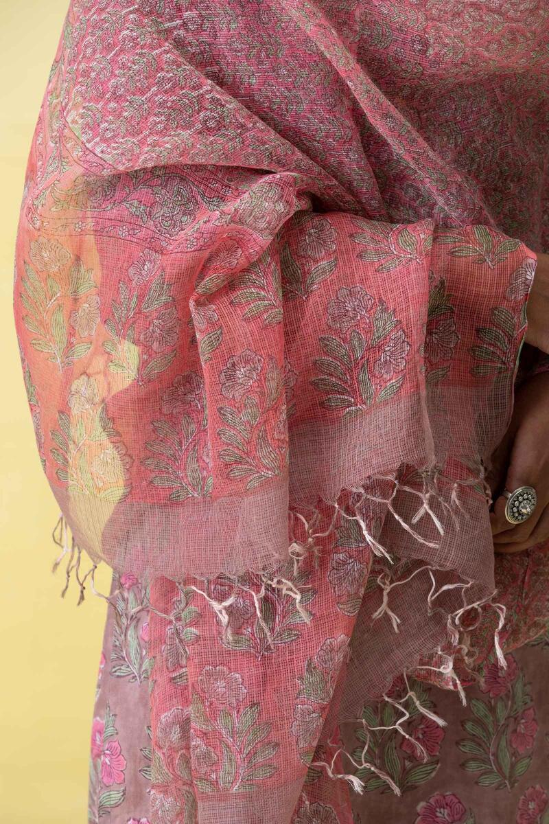 Pink Block Printed Kota Dupatta