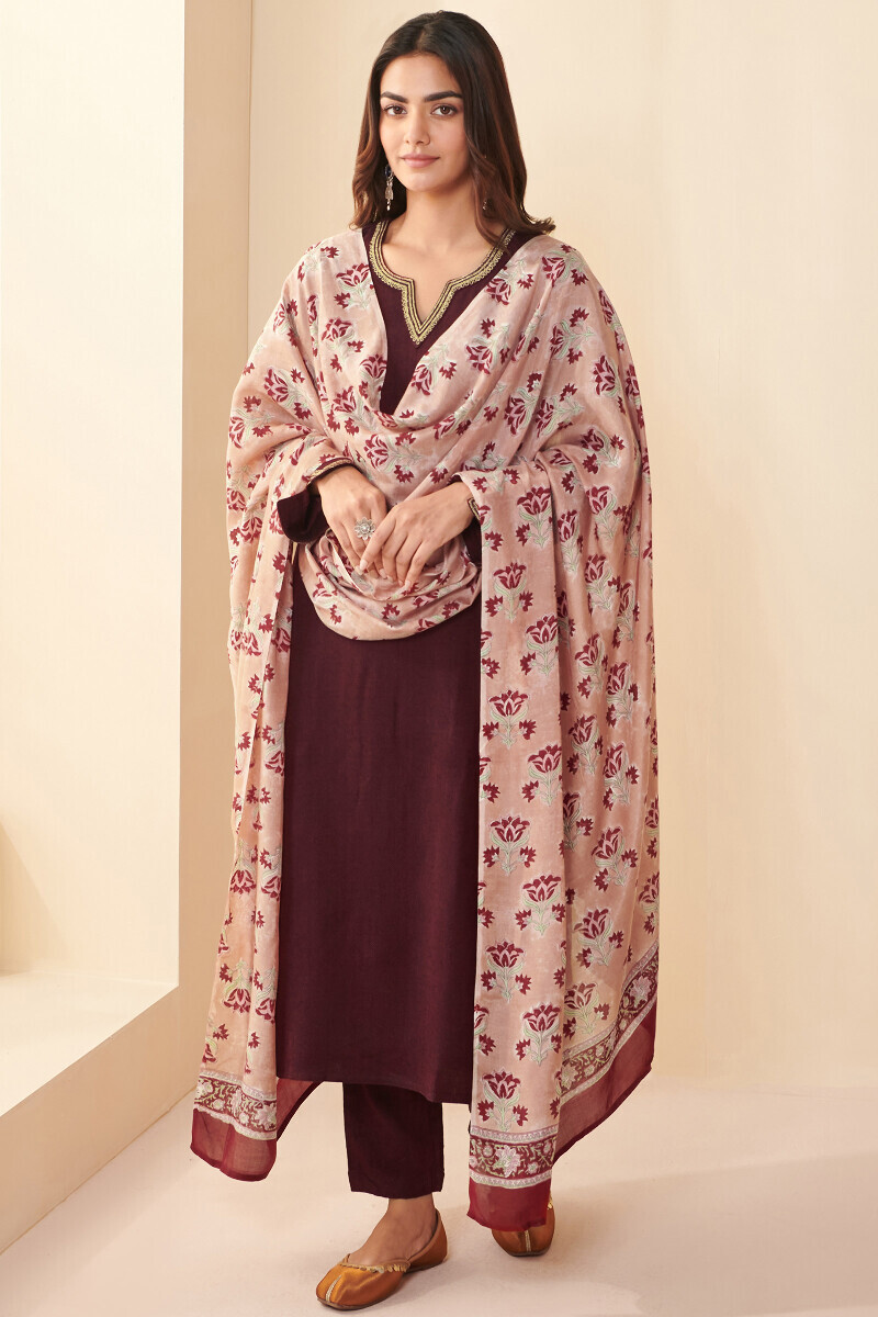 Maroon Handcrafted Straight Faux Wool Kurta